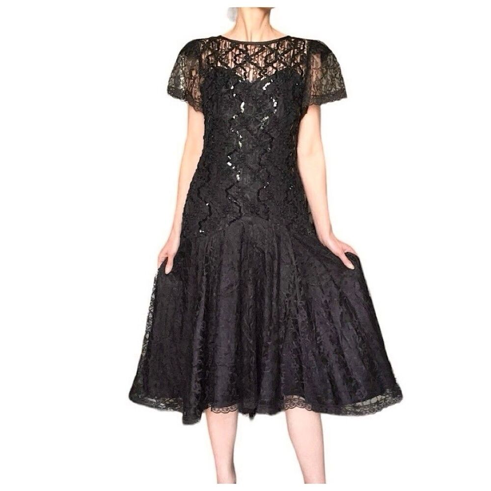 Vtg HW Collections Sequined Lace‎ Overlay Midi Dress Sz S/XS Black Scoop Back